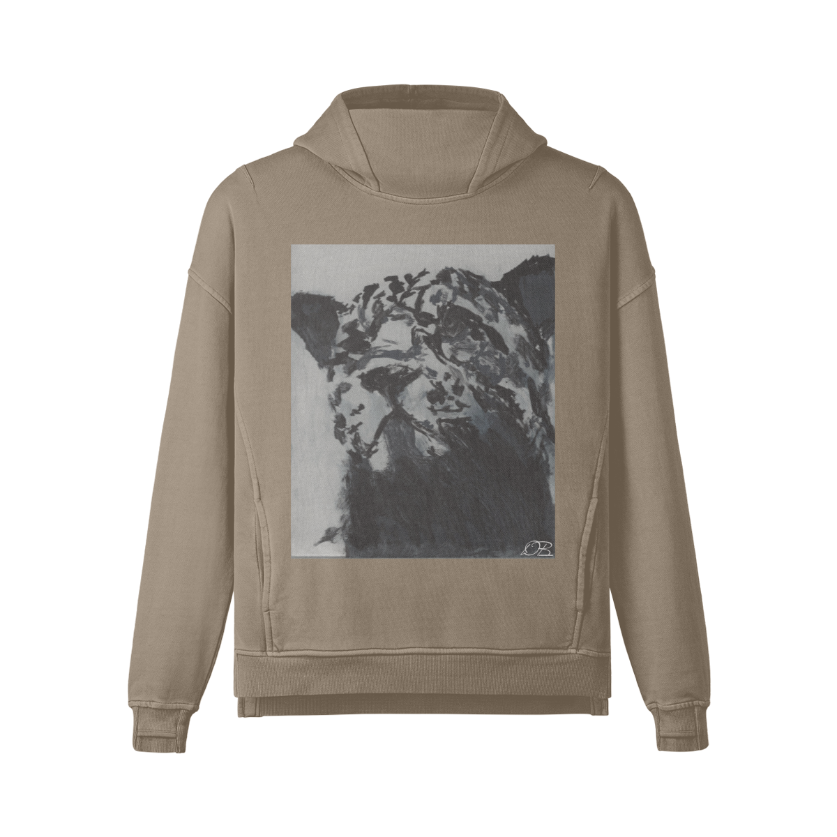 380G Unisex Washed Slit Hem Turtleneck leopard Hoodie